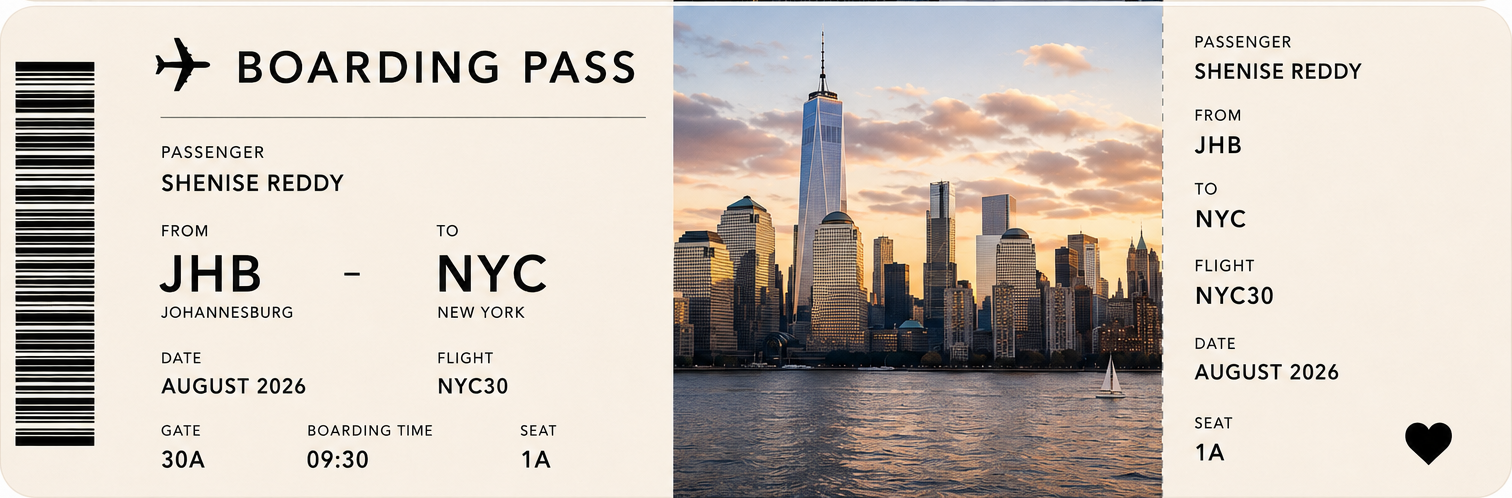 Shenise Reddy New York boarding pass